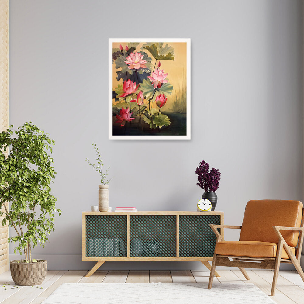 Pink Lotus Blossoms And Leaves - Framed Canvas