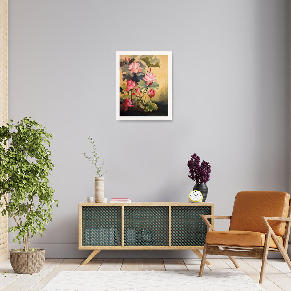 Pink Lotus Blossoms And Leaves - Framed Canvas