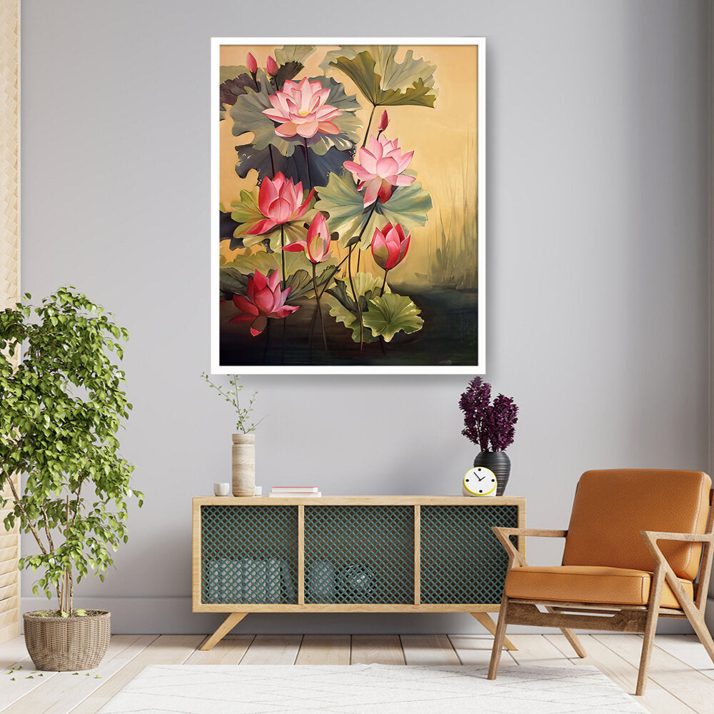 Pink Lotus Blossoms And Leaves - Framed Canvas