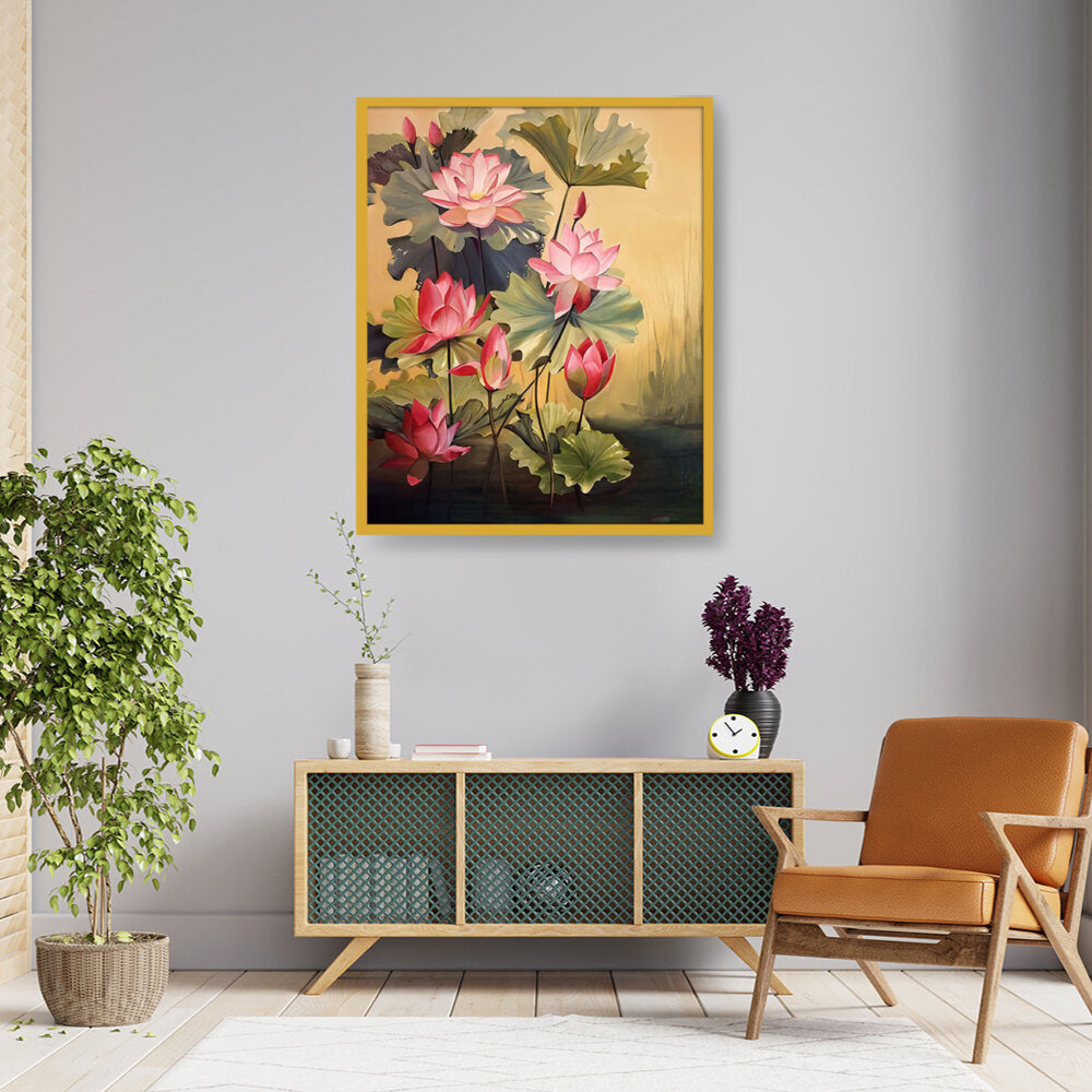 Pink Lotus Blossoms And Leaves - Framed Canvas