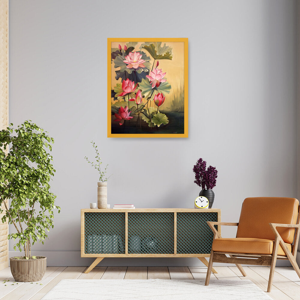 Pink Lotus Blossoms And Leaves - Framed Canvas