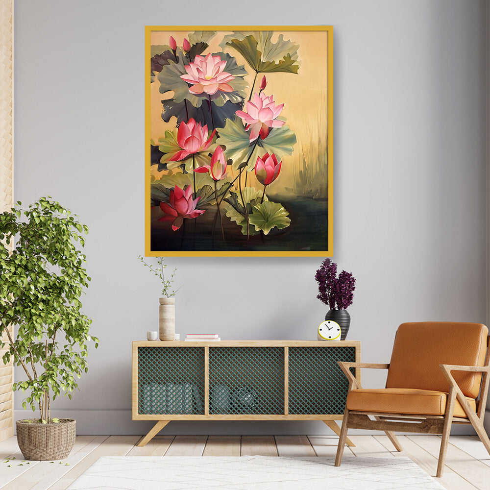 Pink Lotus Blossoms And Leaves - Framed Canvas