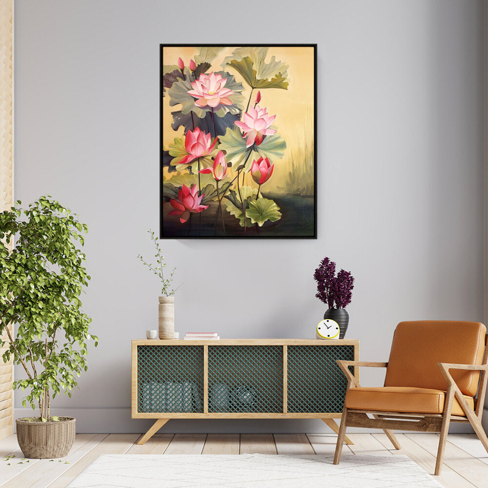 Pink Lotus Blossoms And Leaves - FLOATING FRAME