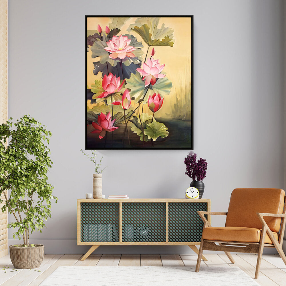 Pink Lotus Blossoms And Leaves - FLOATING FRAME