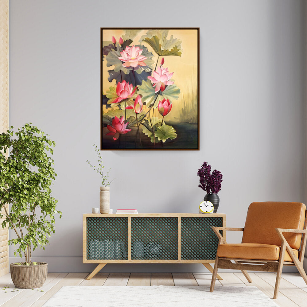 Pink Lotus Blossoms And Leaves - FLOATING FRAME