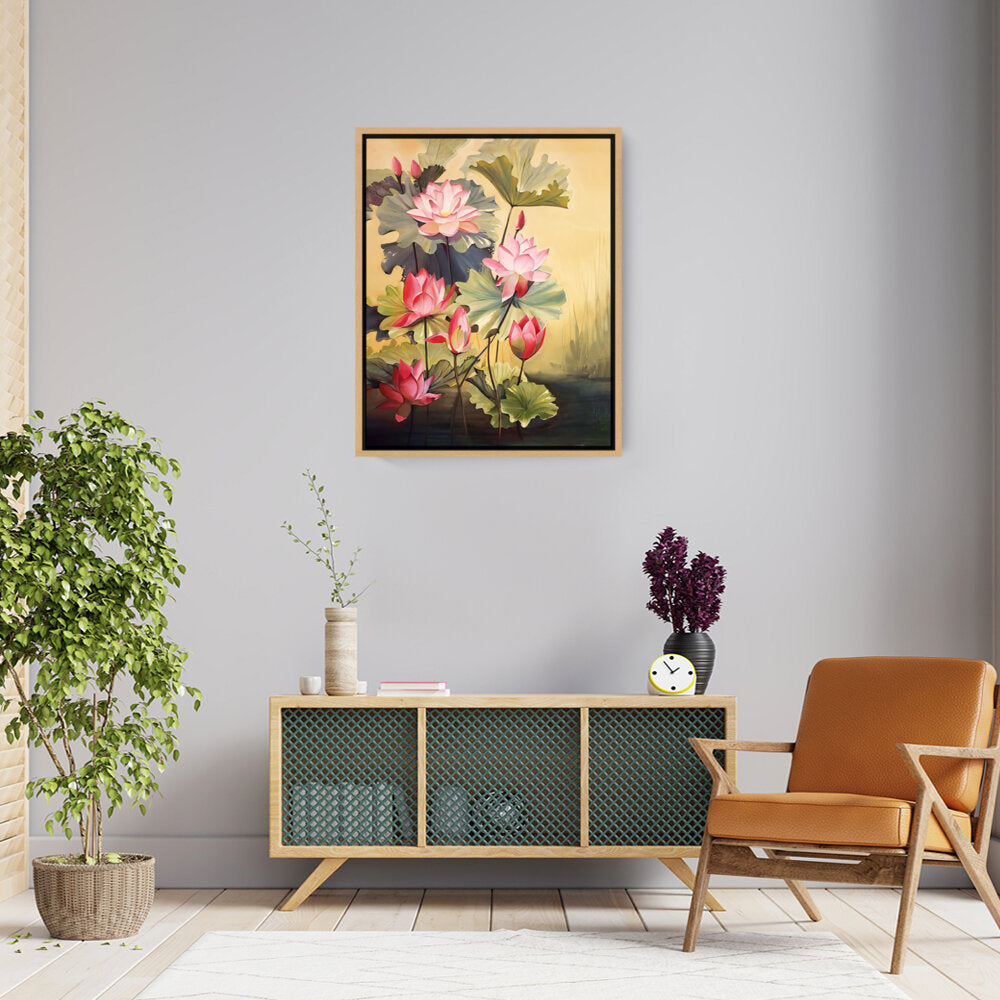 Pink Lotus Blossoms And Leaves - FLOATING FRAME