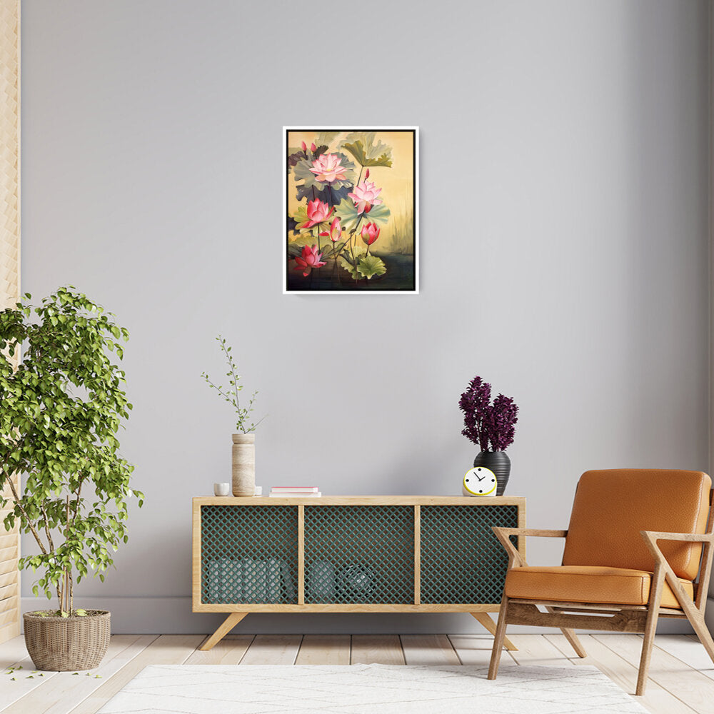 Pink Lotus Blossoms And Leaves - FLOATING FRAME
