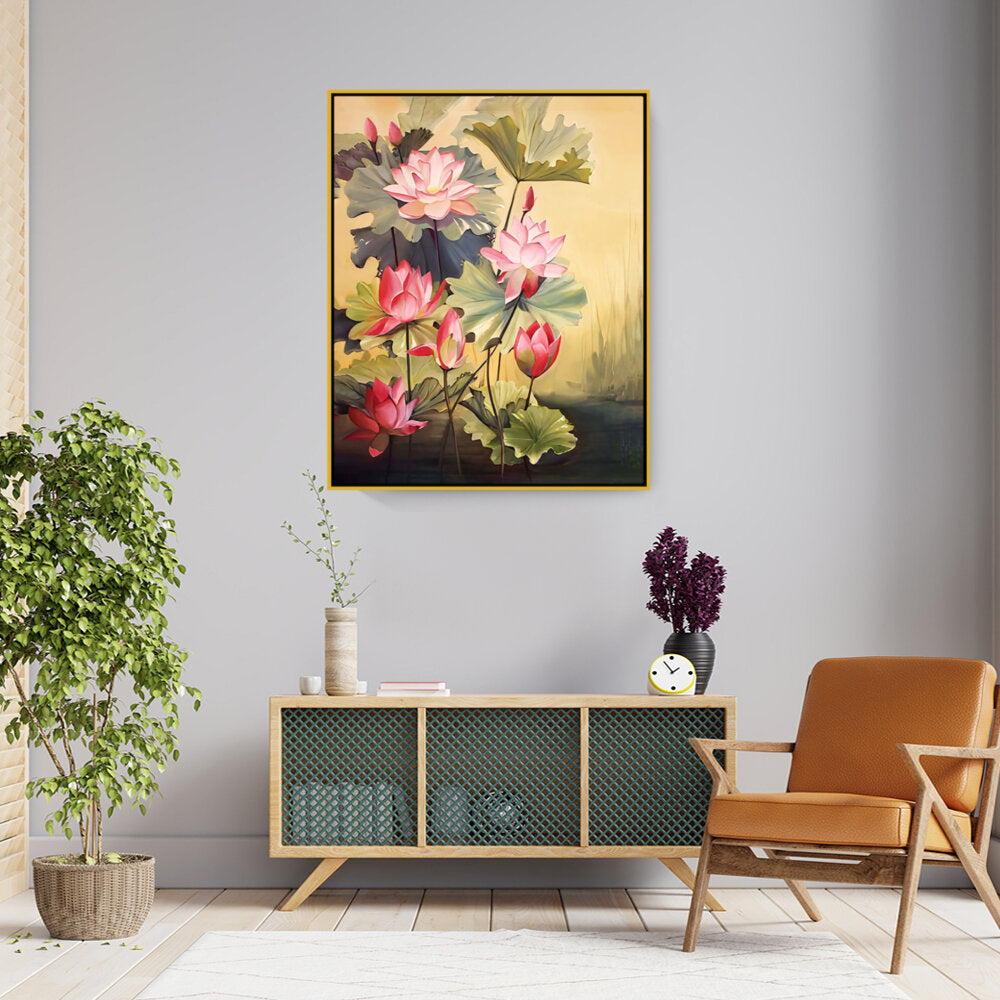 Pink Lotus Blossoms And Leaves - FLOATING FRAME