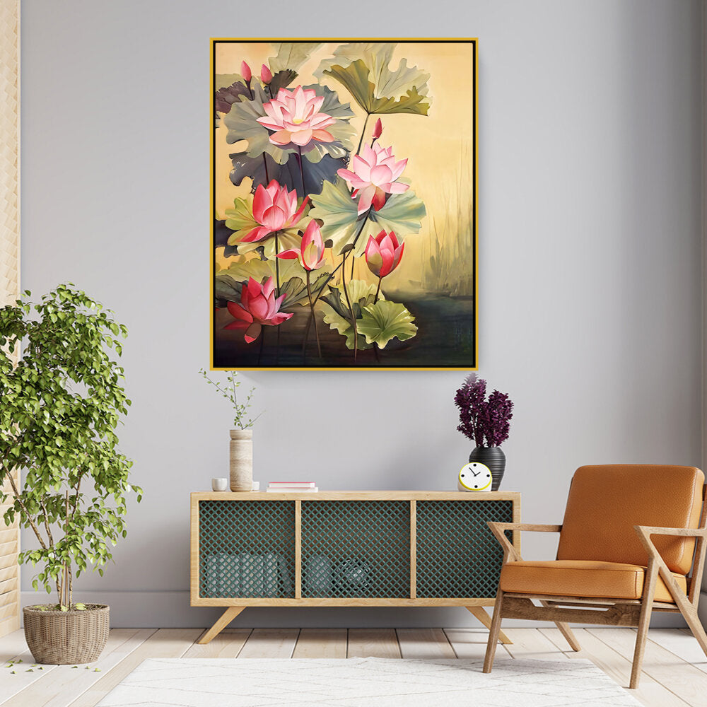 Pink Lotus Blossoms And Leaves - FLOATING FRAME