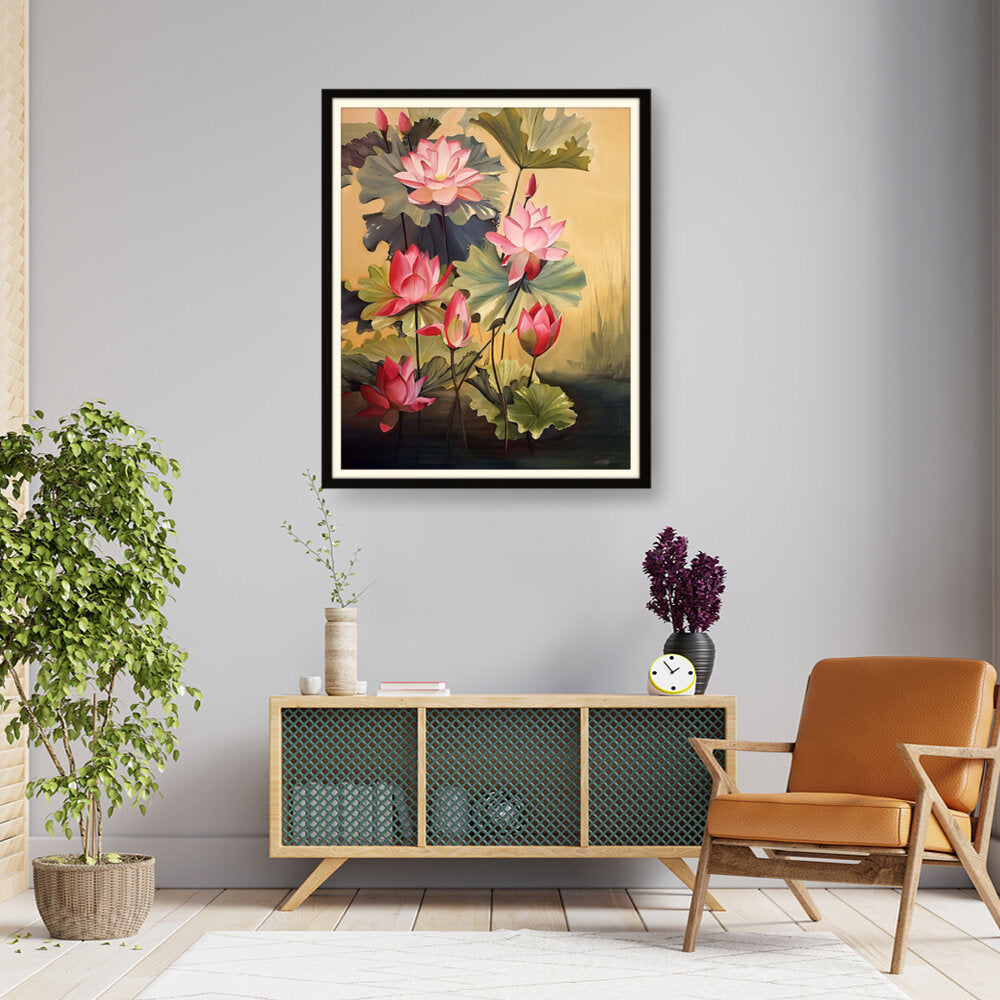 Pink Lotus Blossoms And Leaves - WALL MOUNT FRAME