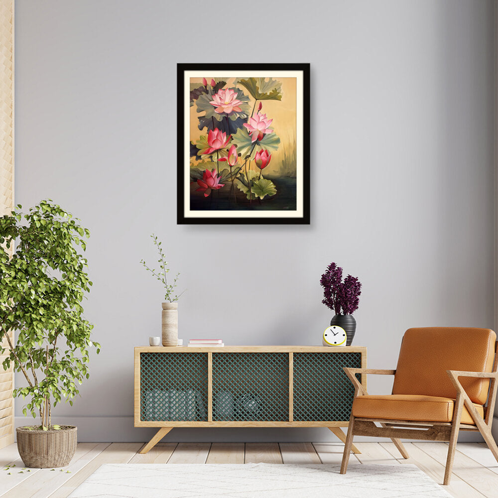 Pink Lotus Blossoms And Leaves - WALL MOUNT FRAME