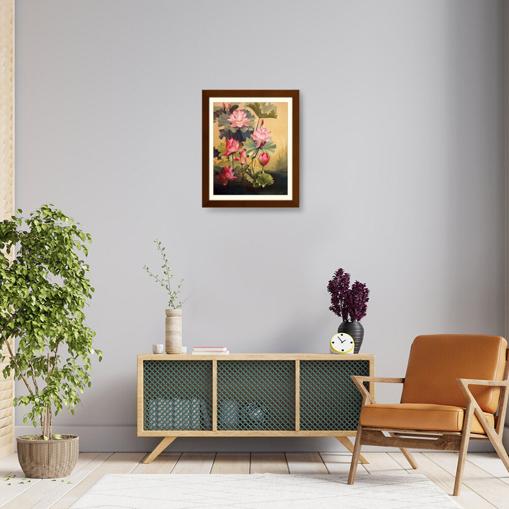 Pink Lotus Blossoms And Leaves - WALL MOUNT FRAME