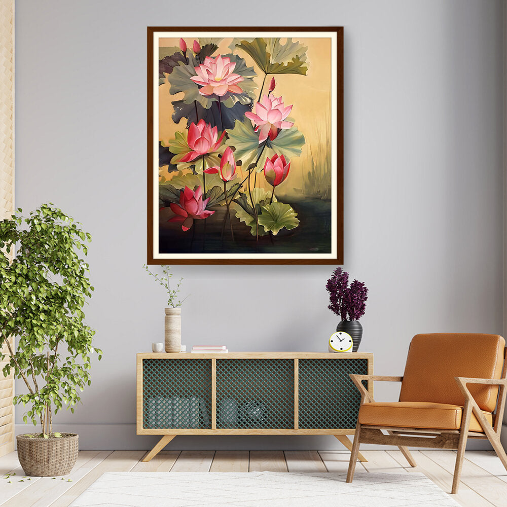 Pink Lotus Blossoms And Leaves - WALL MOUNT FRAME