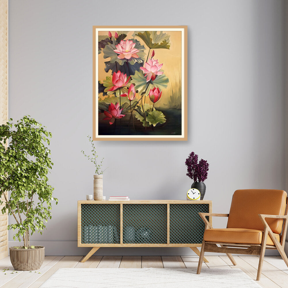 Pink Lotus Blossoms And Leaves - WALL MOUNT FRAME