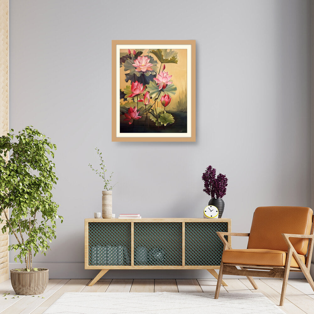 Pink Lotus Blossoms And Leaves - WALL MOUNT FRAME