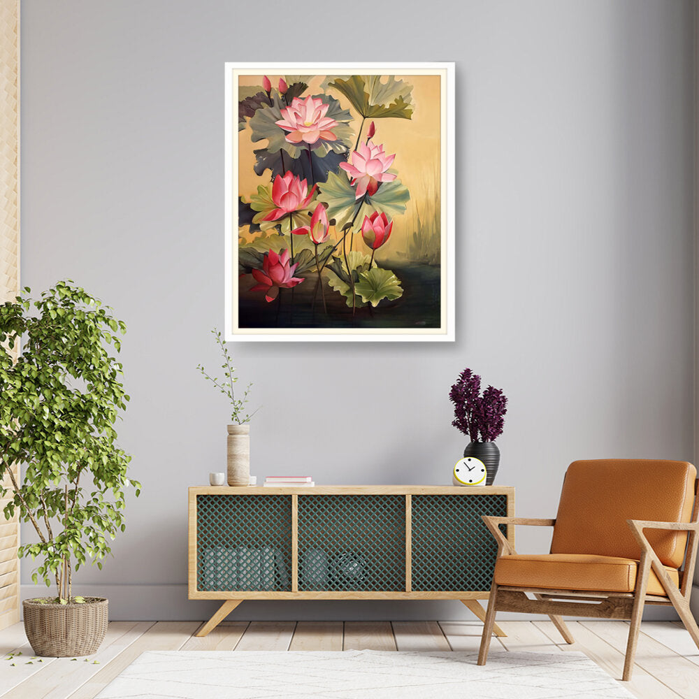 Pink Lotus Blossoms And Leaves - WALL MOUNT FRAME