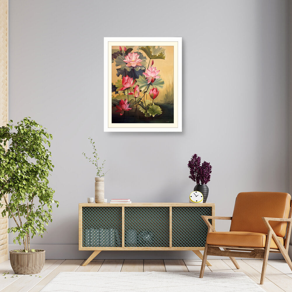 Pink Lotus Blossoms And Leaves - WALL MOUNT FRAME