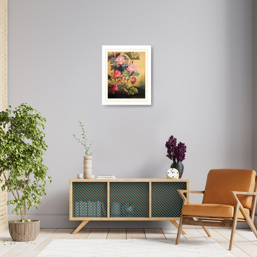 Pink Lotus Blossoms And Leaves - WALL MOUNT FRAME