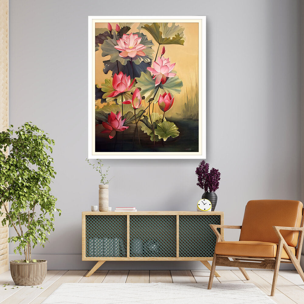 Pink Lotus Blossoms And Leaves - WALL MOUNT FRAME