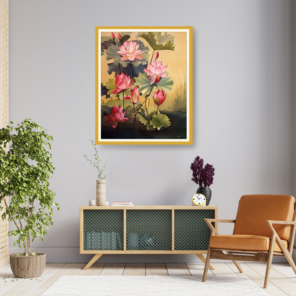 Pink Lotus Blossoms And Leaves - WALL MOUNT FRAME
