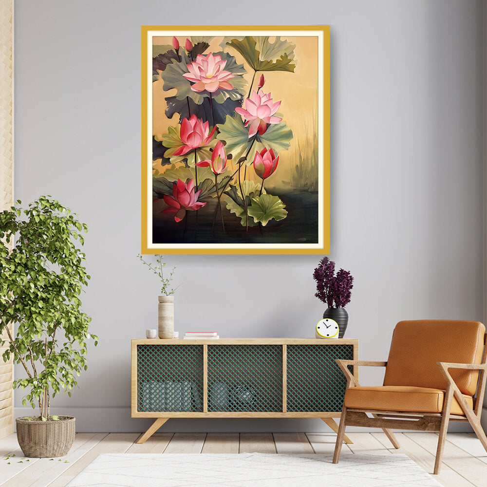 Pink Lotus Blossoms And Leaves - WALL MOUNT FRAME