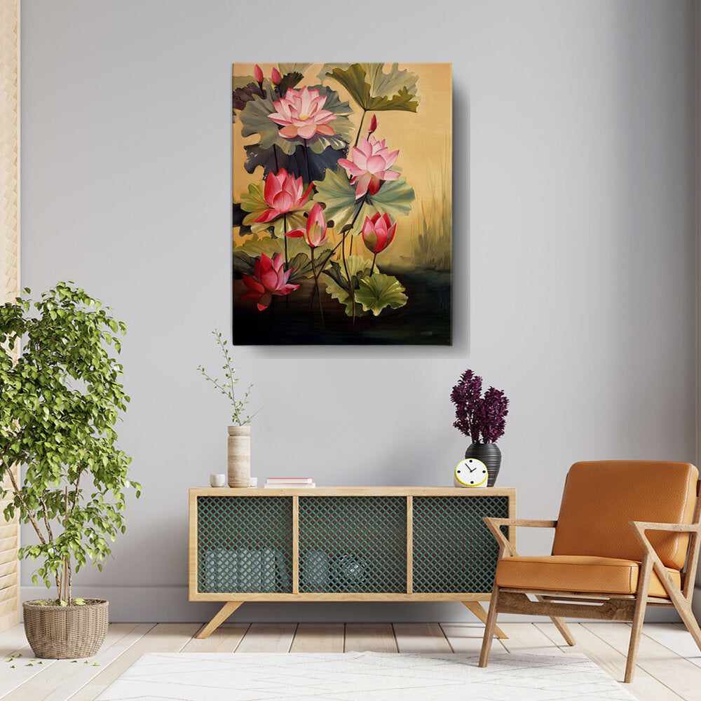 Pink Lotus Blossoms And Leaves