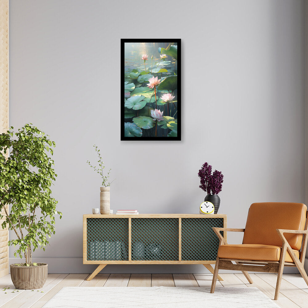 Lotus Lilies In A Pond - Framed Canvas