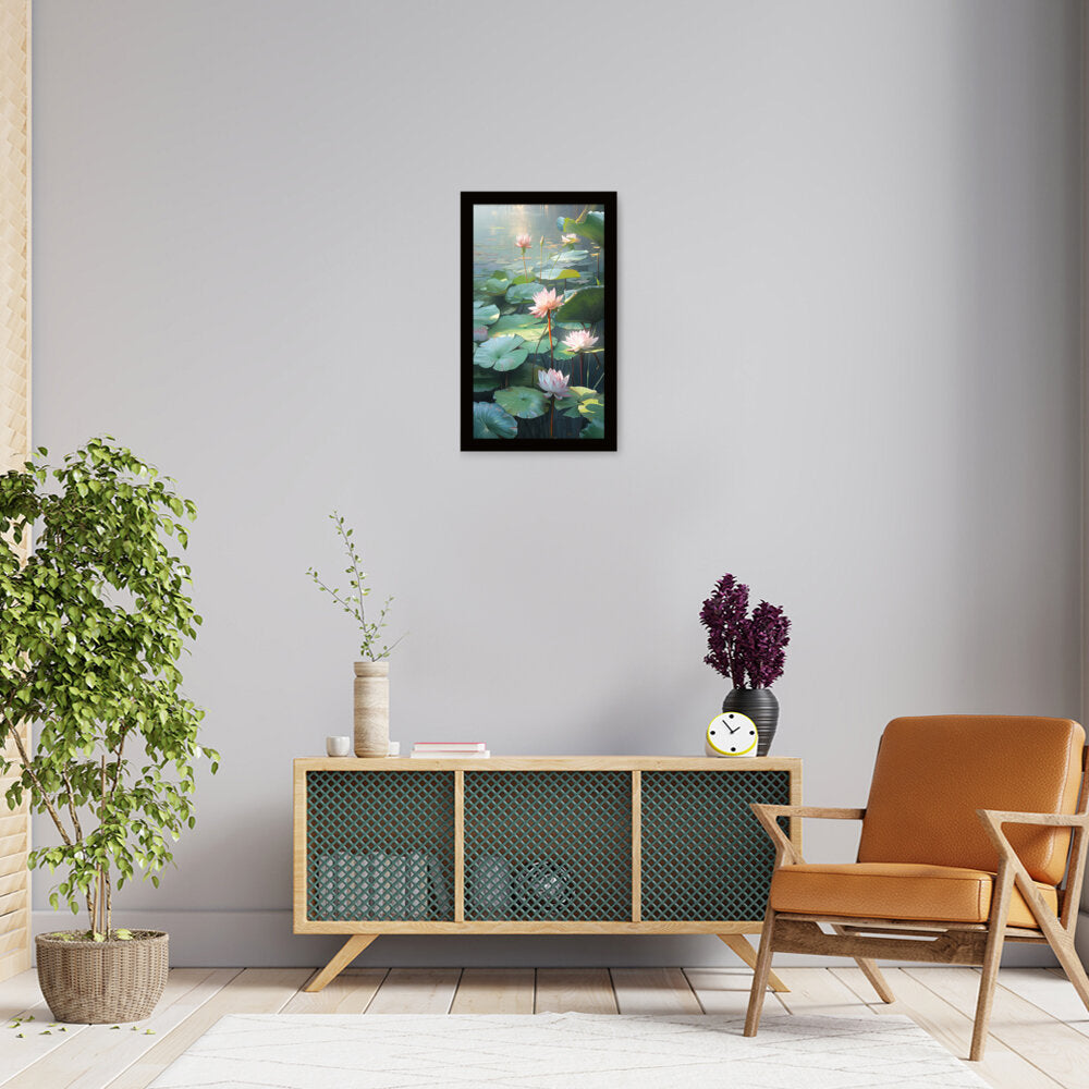 Lotus Lilies In A Pond - Framed Canvas