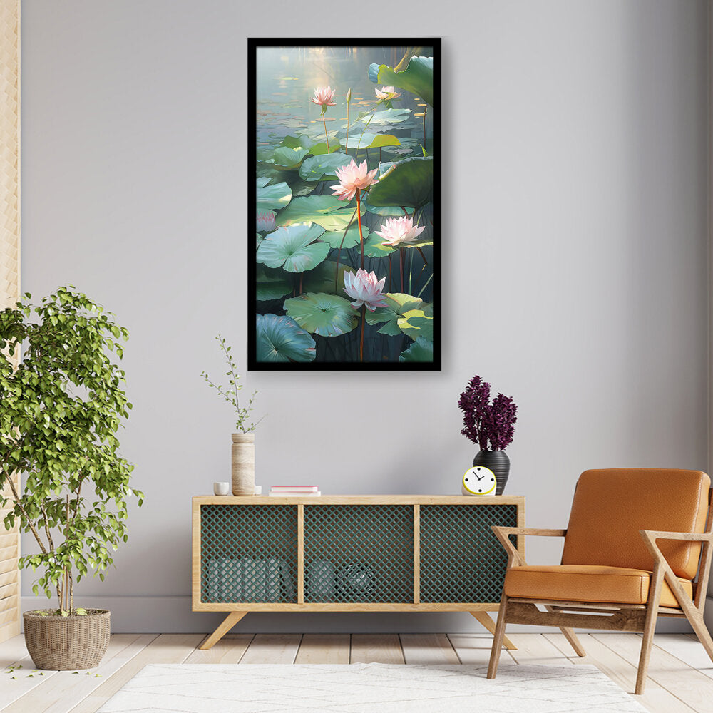 Lotus Lilies In A Pond - Framed Canvas