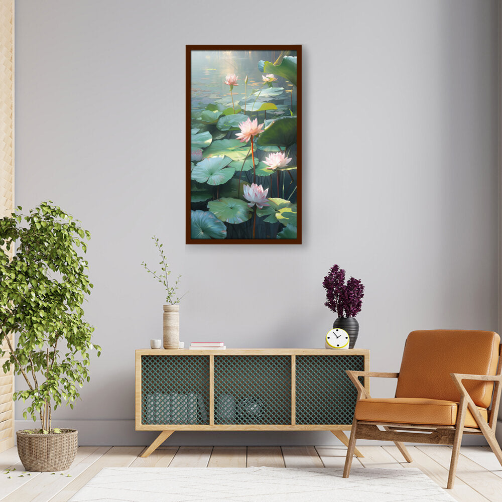Lotus Lilies In A Pond - Framed Canvas