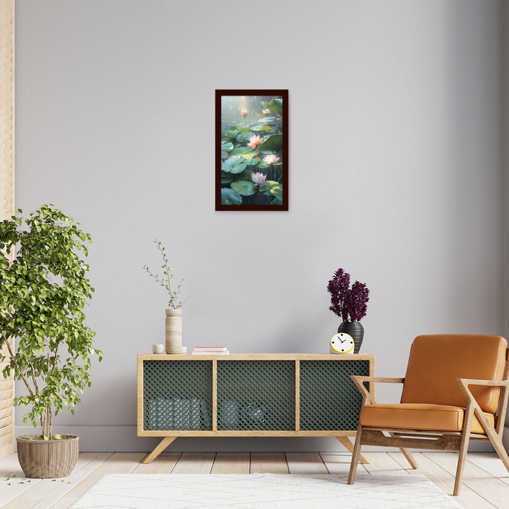 Lotus Lilies In A Pond - Framed Canvas