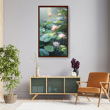 Lotus Lilies In A Pond - Framed Canvas