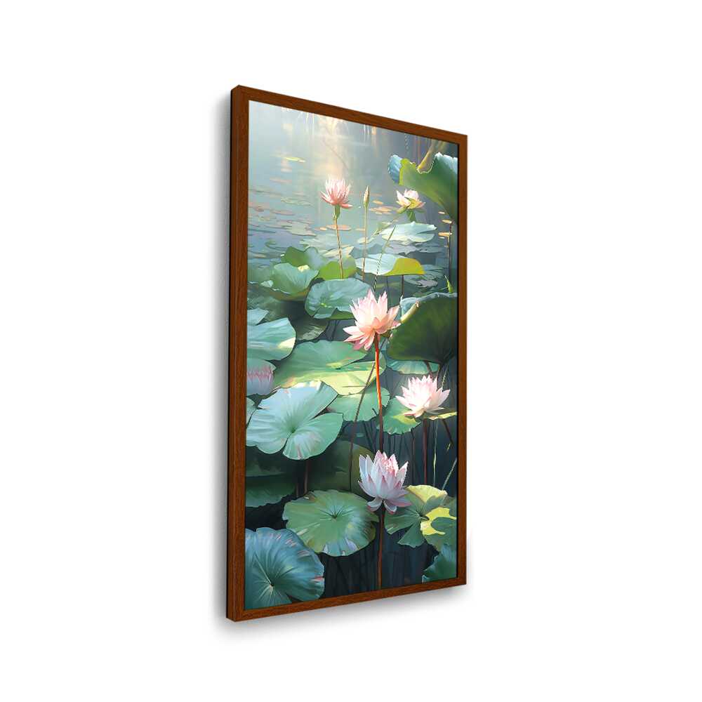 Lotus Lilies In A Pond - Framed Canvas