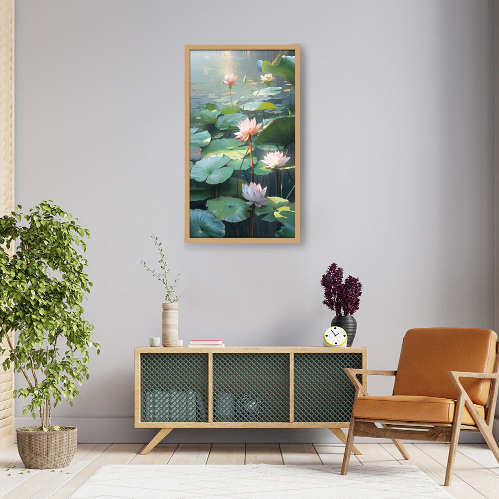 Lotus Lilies In A Pond - Framed Canvas