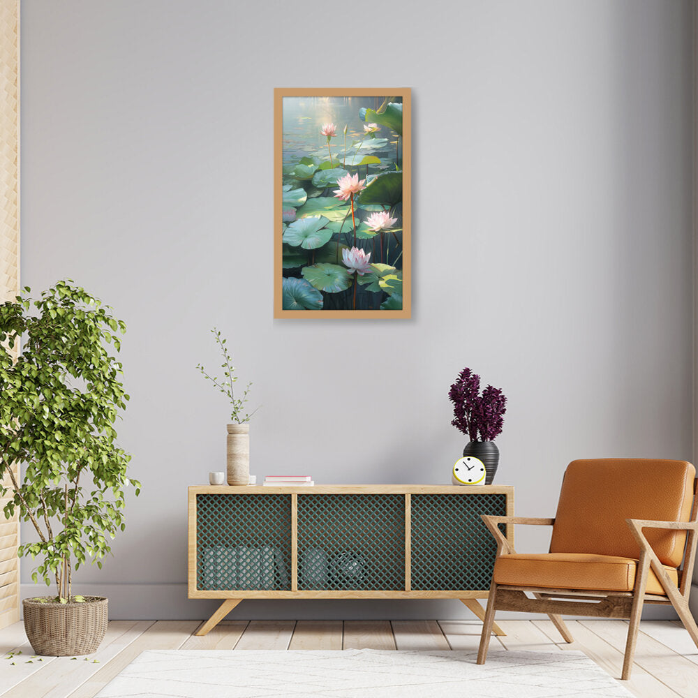Lotus Lilies In A Pond - Framed Canvas