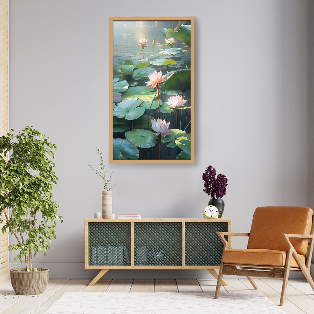 Lotus Lilies In A Pond - Framed Canvas