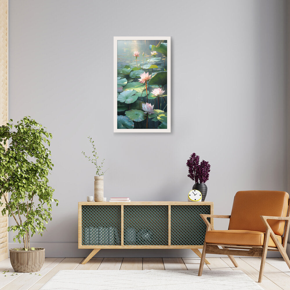 Lotus Lilies In A Pond - Framed Canvas