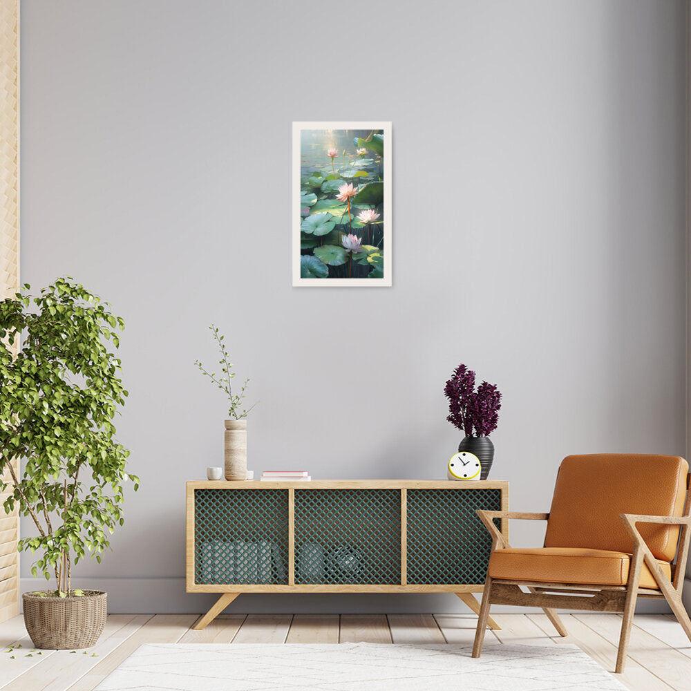 Lotus Lilies In A Pond - Framed Canvas