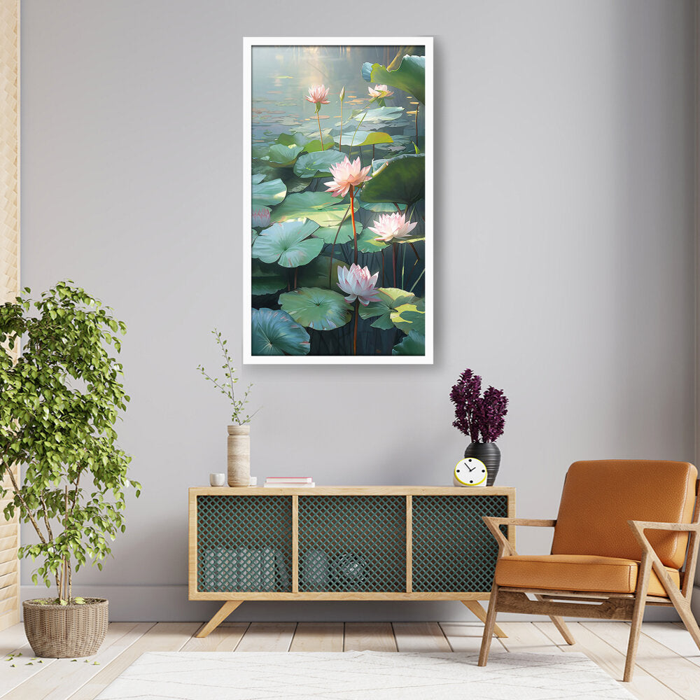 Lotus Lilies In A Pond - Framed Canvas