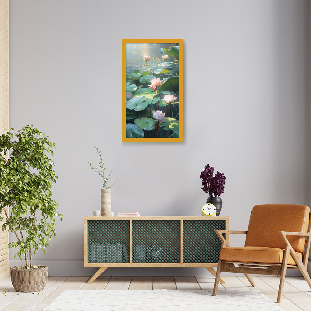 Lotus Lilies In A Pond - Framed Canvas