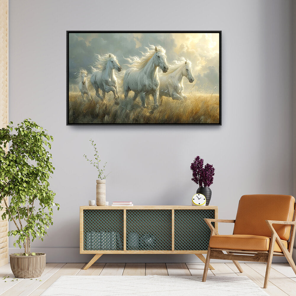 Three White Horses Running - FLOATING FRAME