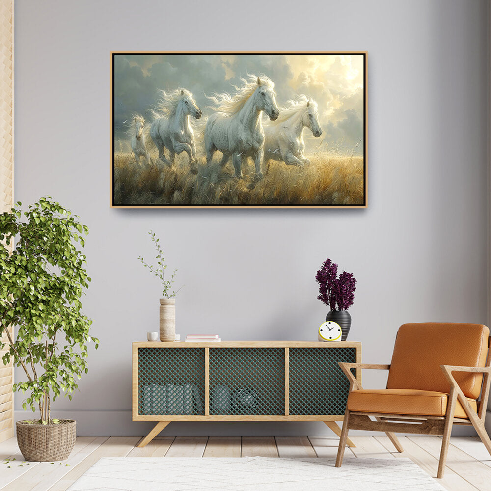 Three White Horses Running - FLOATING FRAME