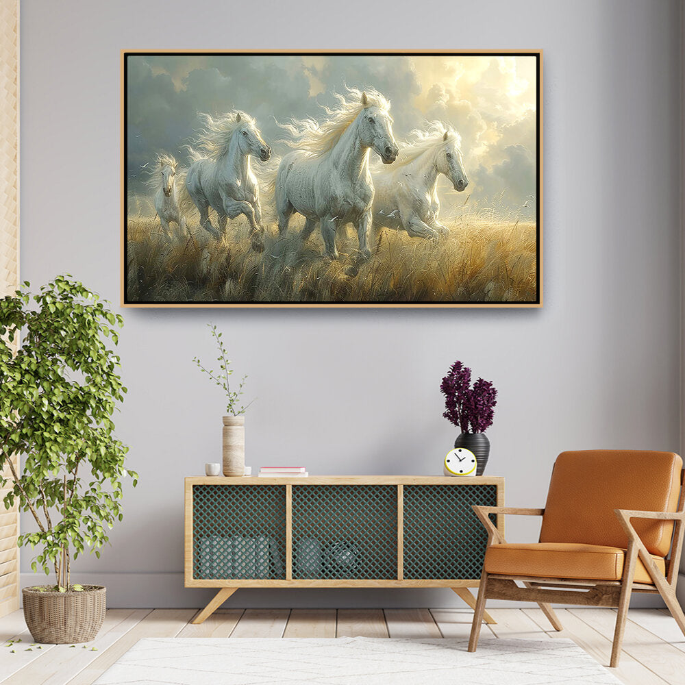 Three White Horses Running - FLOATING FRAME