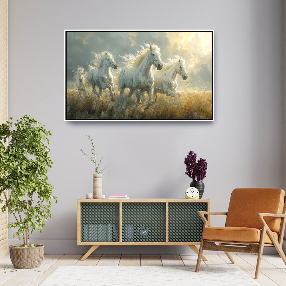 Three White Horses Running - FLOATING FRAME