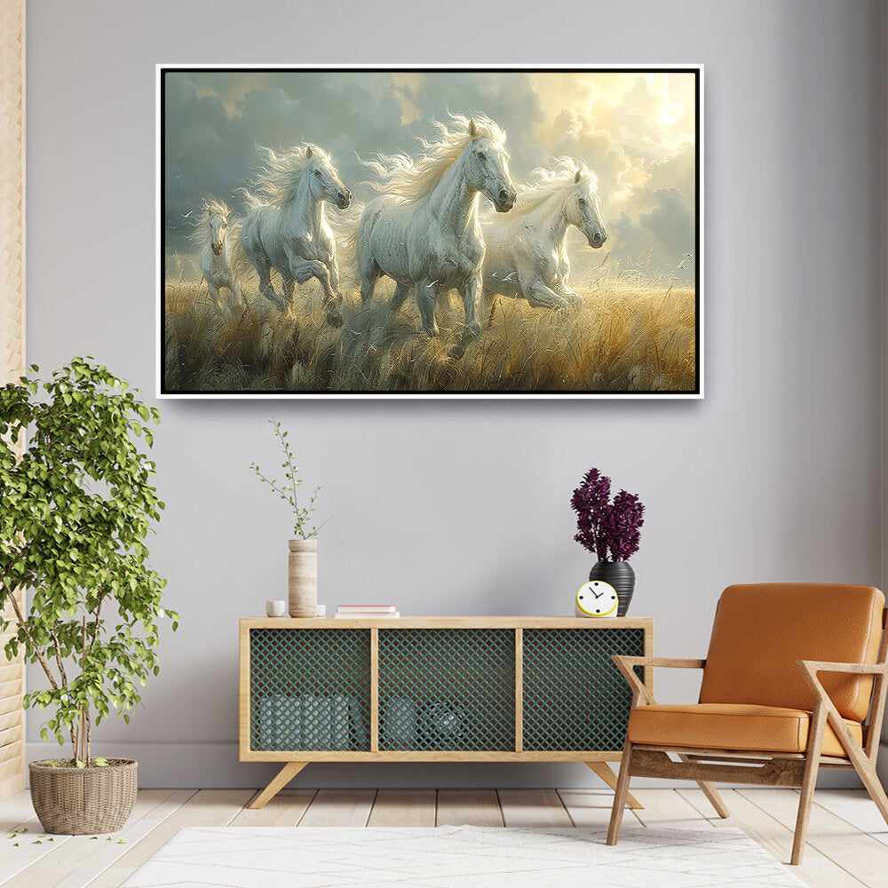 Three White Horses Running - FLOATING FRAME