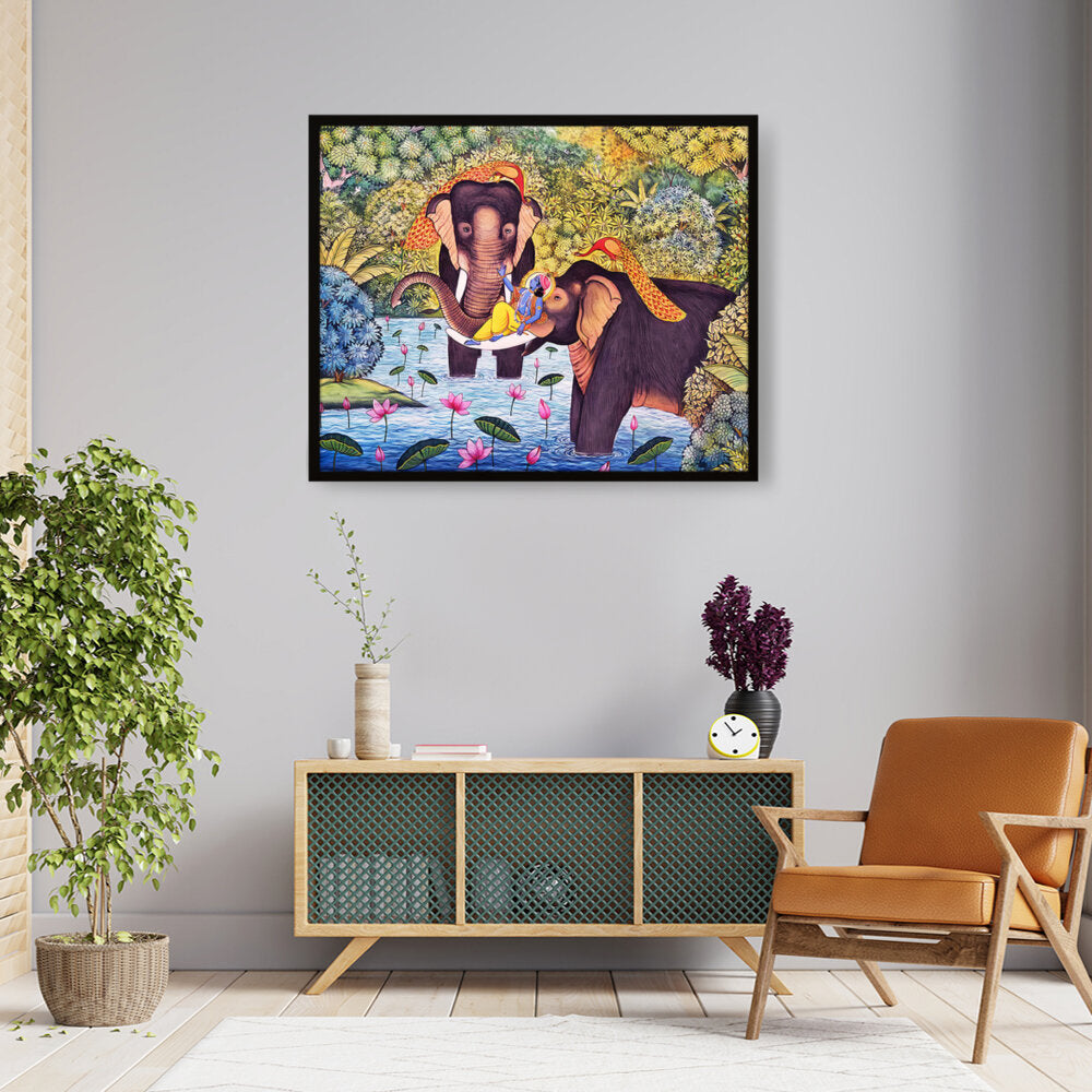 Lord Krishna With Elephants - Framed Canvas