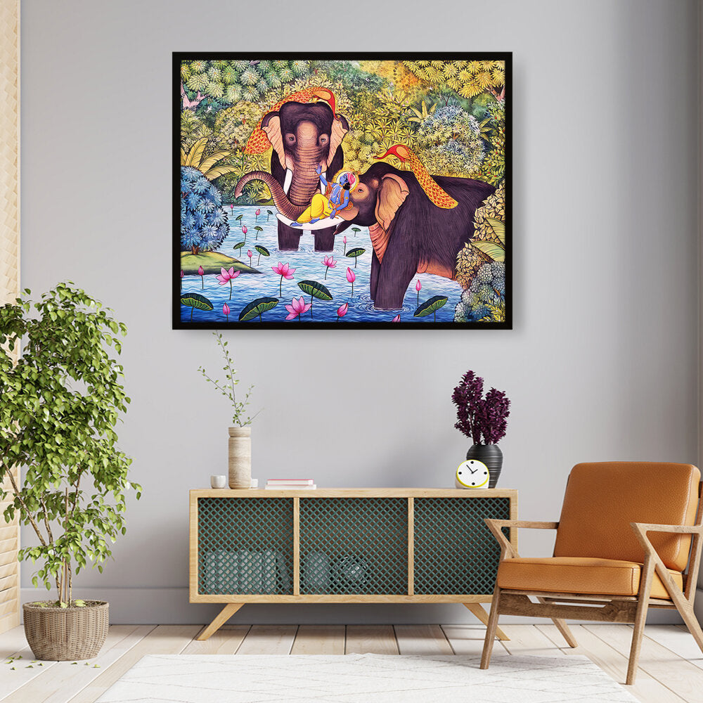 Lord Krishna With Elephants - Framed Canvas