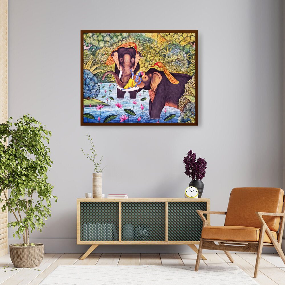 Lord Krishna With Elephants - Framed Canvas