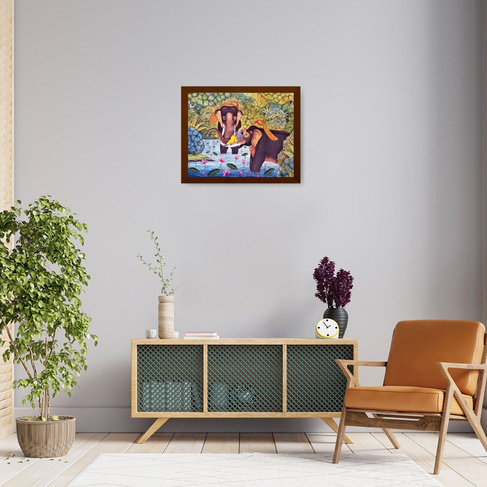 Lord Krishna With Elephants - Framed Canvas