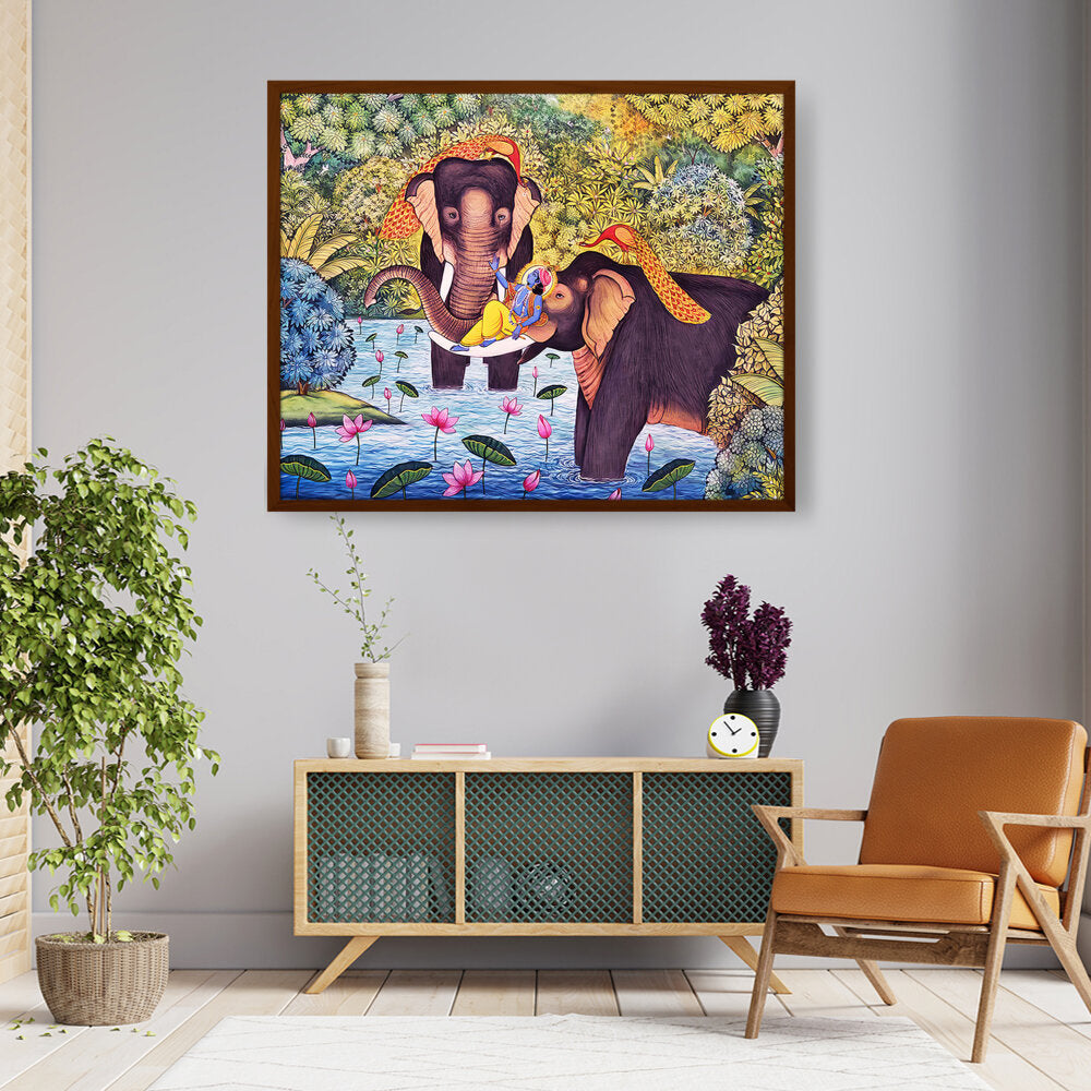 Lord Krishna With Elephants - Framed Canvas